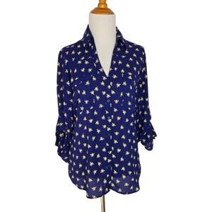 Express Portofino Women Honeybee Blouse Whimsical Blue Office Workwear Small
